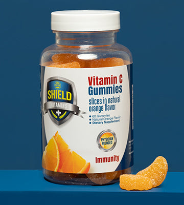 Shield Vitamins Vitamin C Gummies photographed on blue background